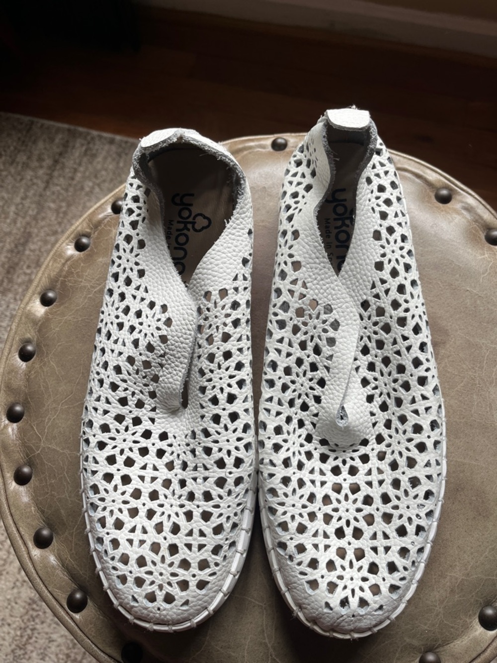 White Laser-Cut Leather Slip-On Women's Shoes, leather, 8.5 size